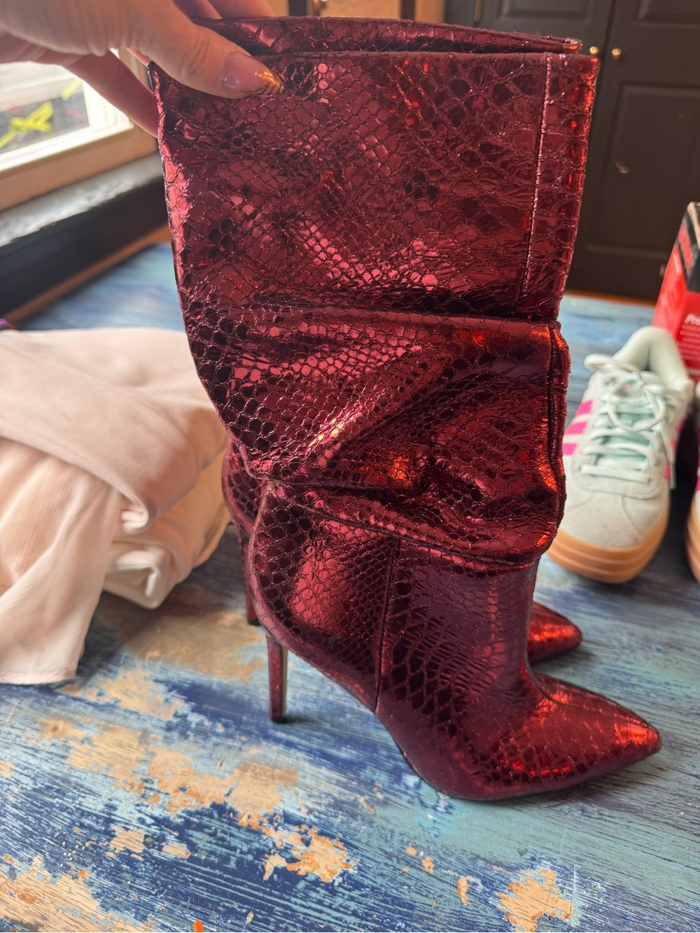 Leather Marc Fisher Metallic Red Snakeskin Pointed-Toe Stiletto Boots size 8